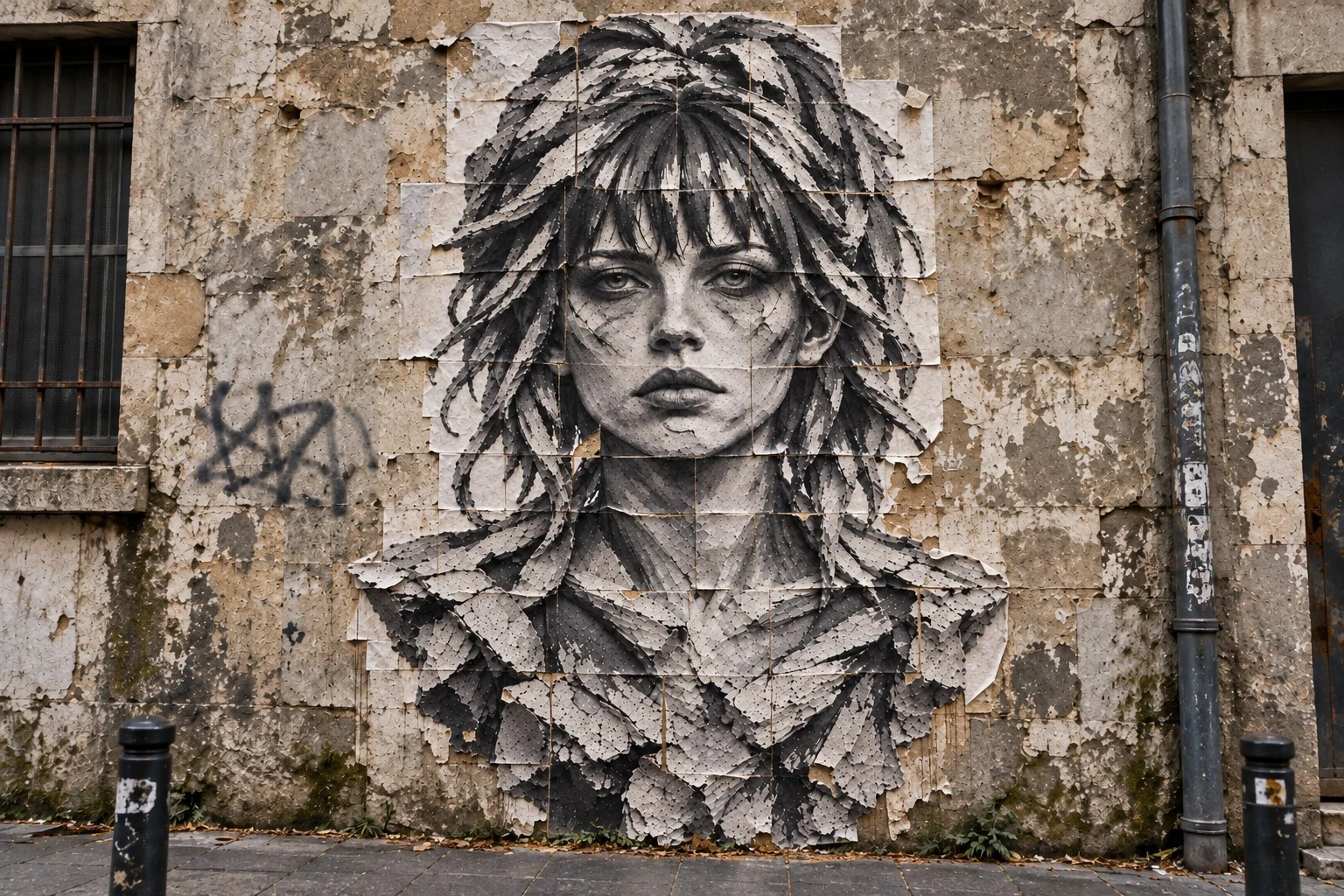 THE ARTIST paste-up on a street wall, with visible paper joins