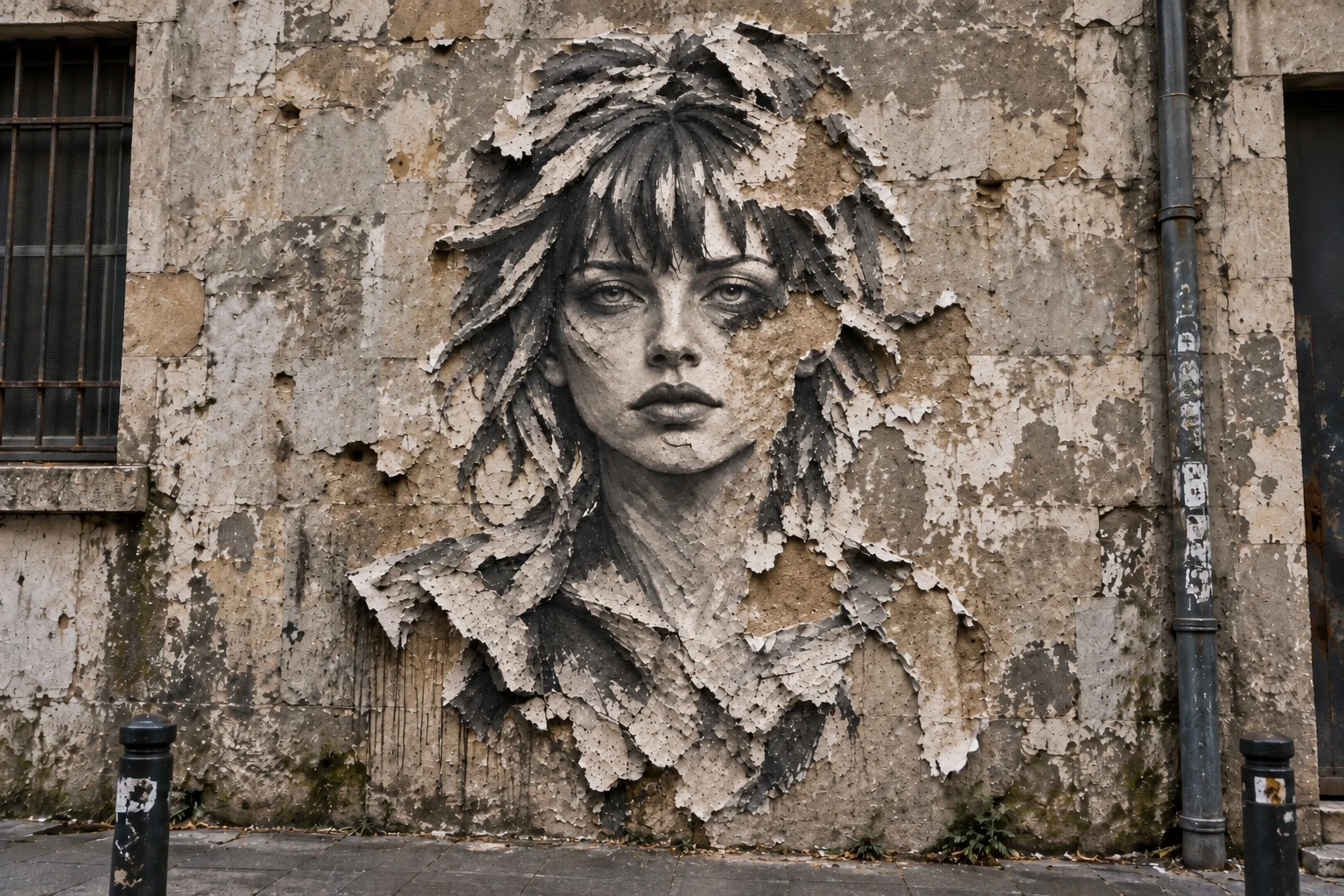 THE ARTIST in a more fragmented paste-up composition on a street wall